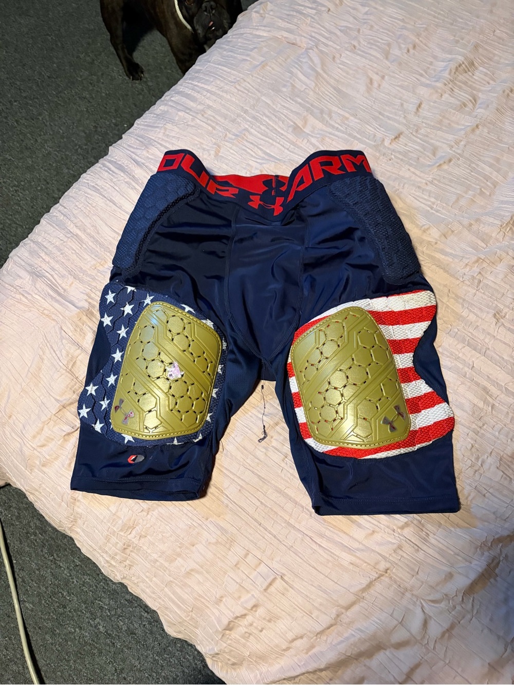 Under Armour Navy Compression Shorts with Gold Knee Pads and Flag Panels